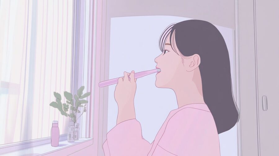 歯磨きのコツがわかってきて、丁寧に歯磨きしている若い女性