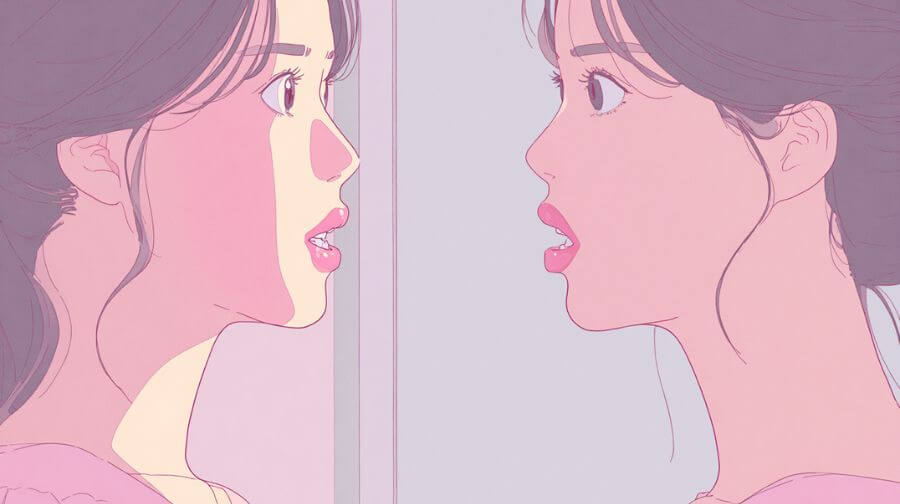 鏡で自分の受け口を気にしている