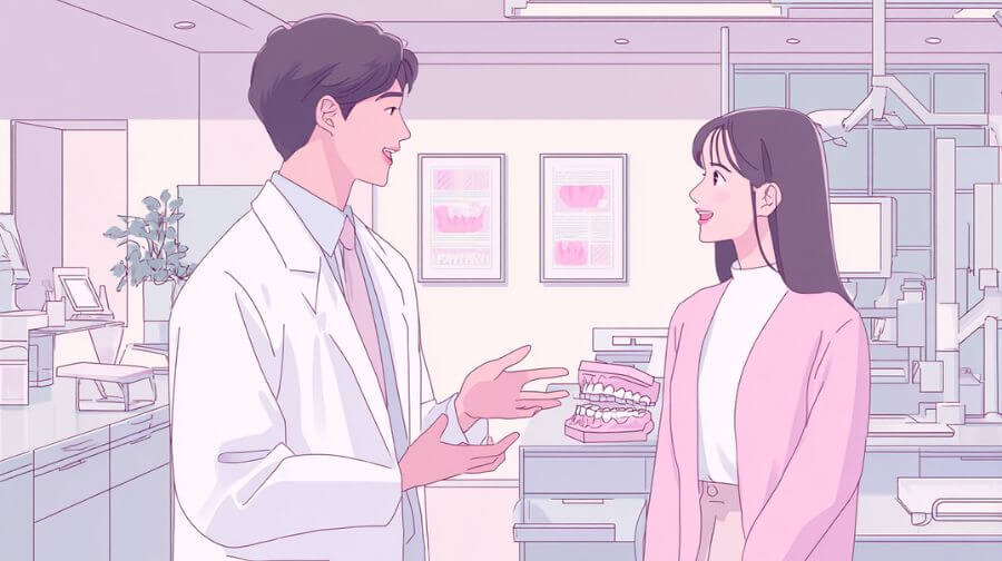 受け口の歯列矯正を説明する歯科医師と患者さん